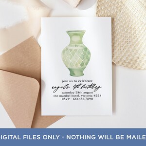 May include: A green and white watercolour illustration of a vase with a geometric pattern. The text "join us to celebrate angel's 4th birthday" is written in black cursive script. The text "saturday 28th august the maribel hotel, victoria 4224 RSVP-123.456.7890" is written in black sans-serif font.