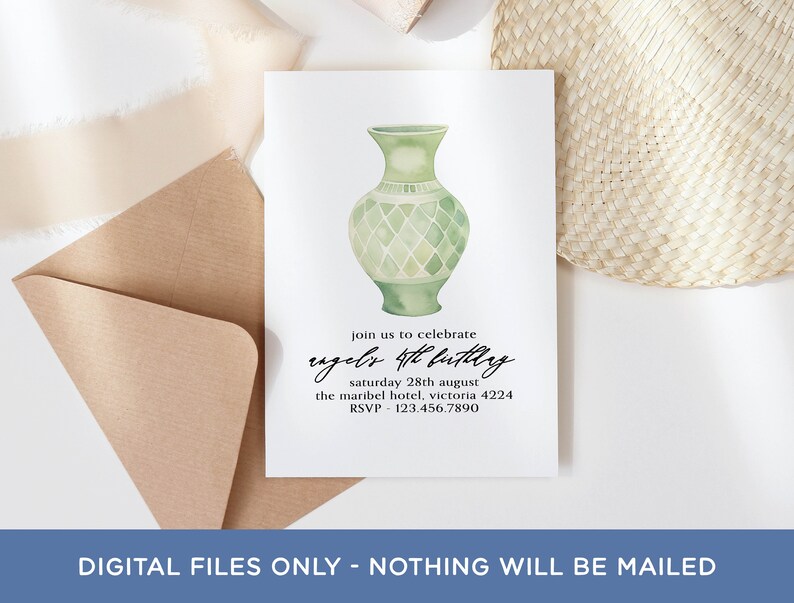 May include: A green and white watercolour illustration of a vase with a geometric pattern. The text "join us to celebrate angel's 4th birthday" is written in black cursive script. The text "saturday 28th august the maribel hotel, victoria 4224 RSVP-123.456.7890" is written in black sans-serif font.