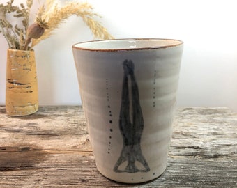 Yoga Cup, handmade ceramic mug for tea or coffee, with yoga asana: headstand, without handle, cream-white