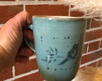 Large turquoise ceramic tea cup, hand-made, 300 ml content with spring motif birds, perfect Easter gift or Mother's Day