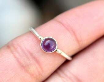Purple Amethyst Round Cab Ring , Delicate Ring , Stack Ring , Sterling Silver Ring , Plain Band Stone Ring , Gemstone Stacking Ring ,Gift