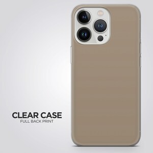 May include: A clear phone case with a full back print in a light brown color. The case has a raised camera bump with three black camera lenses.