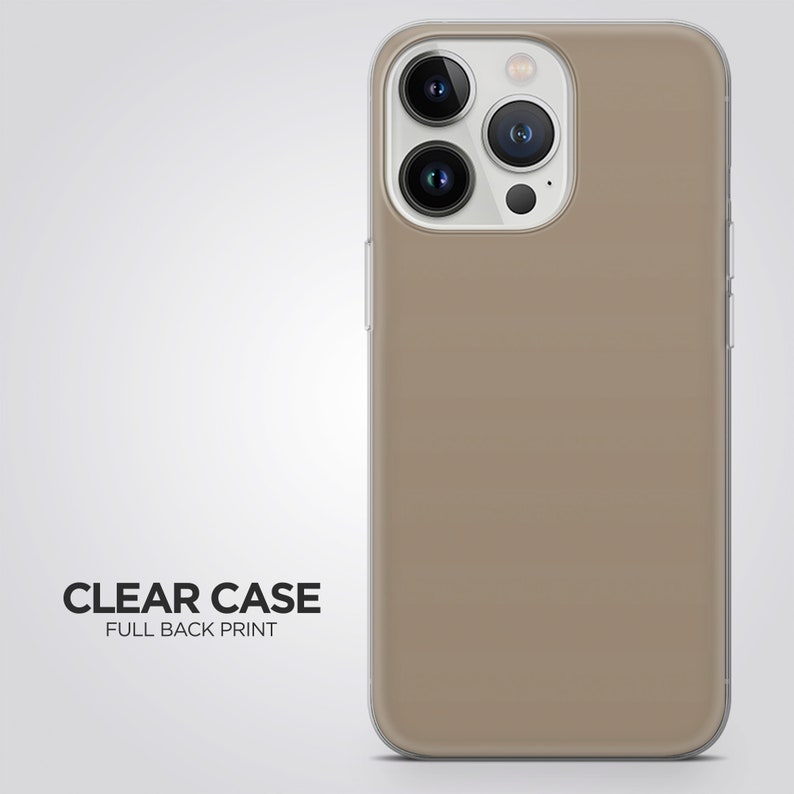 May include: A clear phone case with a full back print in a light brown color. The case has a raised camera bump with three black camera lenses.