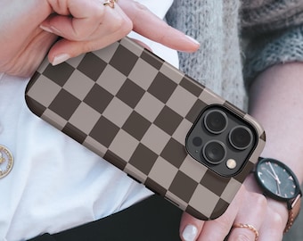 Checkered Phone Case Coffee Beige TOUGH Cover fit for iPhone 17 Pro Max, 16e, 15 Plus, 14, 13, XS & Samsung S25, S24, A56, Pixel 10, 9, 8A