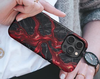 Faux Epoxy Phone Case Elegant Black Crimson Marbled TOUGH Cover fit for iPhone, Samsung & Pixel