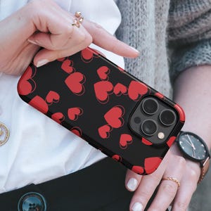 Red Hearts Phone Case Love Black TOUGH Cover fit for iPhone 16 Pro Max, 15 Plus, 14, 13, 12, 11, XS & Samsung S25, S24, A56, Pixel 9, 8A, 7