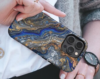 Faux Epoxy Phone Case Elegant Blue Resin Marbled TOUGH Cover fit for iPhone, Samsung & Pixel