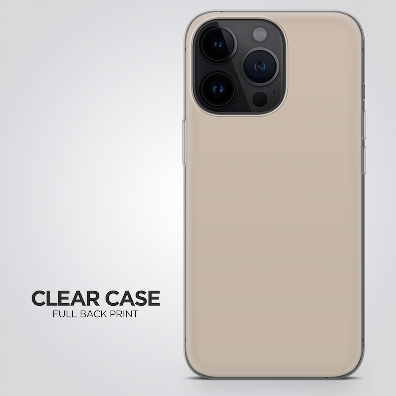 May include: A clear phone case with a full back print. The case is beige and has a camera cutout with three black lenses.