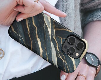 Marbled Phone Case Elegant Golden Faux Onyx TOUGH Cover fit for iPhone, Samsung & Pixel