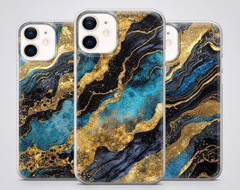 Faux Epoxy Resin Phone Case Gold Blue Cover fit for iPhone 15 Pro Max, 14 Plus, 13, 12, 11, XR, XS & Samsung S24, S23, A54, A53, Pixel 8, 7