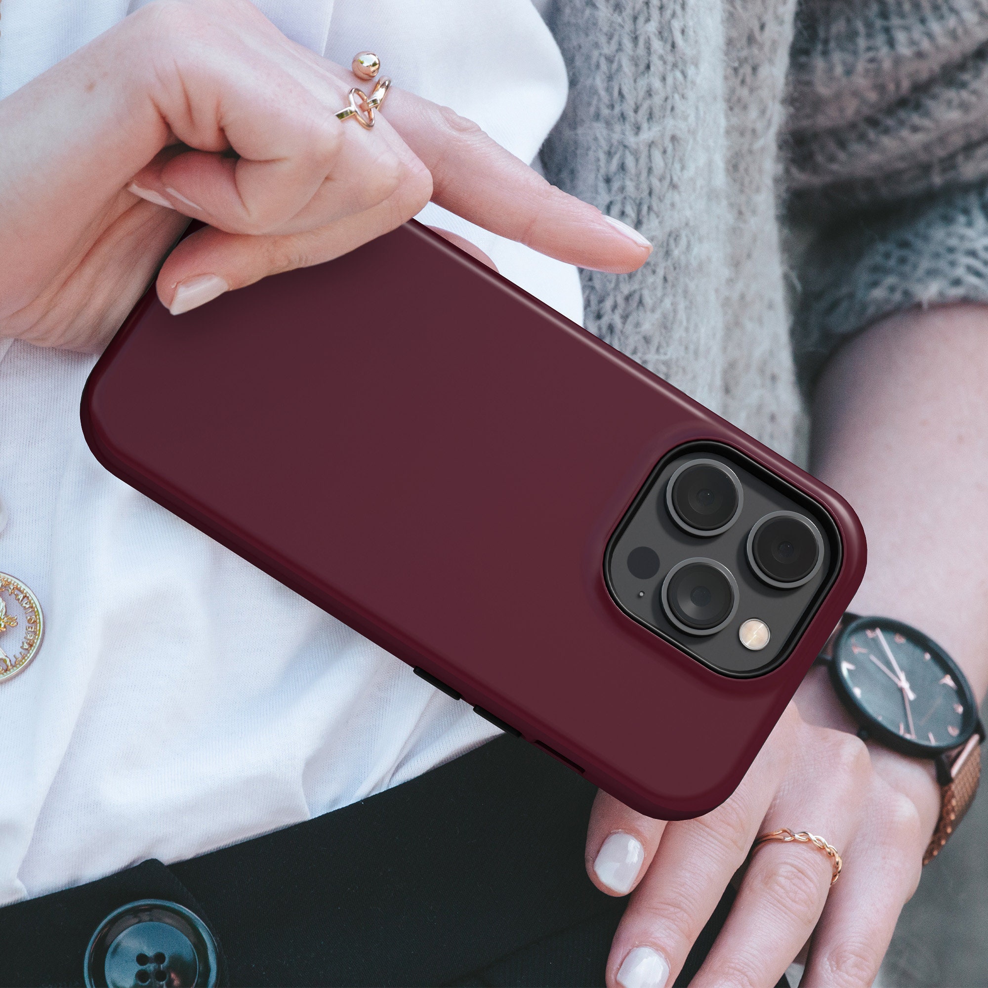 GL CASES C管用　Burgundy color Bordeaux Phone Case Red Glossy TOUGH Cover Fit for iPhone 16