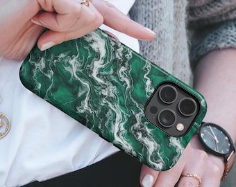 Faux Epoxy Phone Case Elegant Emerald Pearl Marbled TOUGH Cover fit for iPhone, Samsung & Pixel