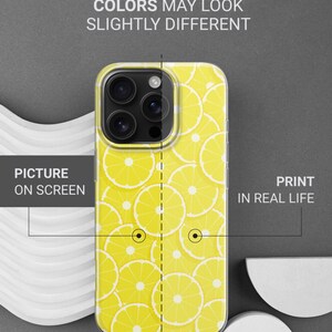 May include: A clear phone case with a lemon slice pattern. The case is shown next to a picture of the same case on a phone screen. The text "THIS IS DURABLE UV PRINT COLORS MAY LOOK SLIGHTLY DIFFERENT" is shown above the case.