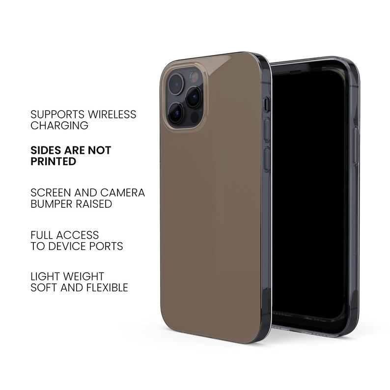 May include: A brown phone case with a clear back and raised edges to protect the screen and camera. The case is compatible with wireless charging and has full access to all ports.