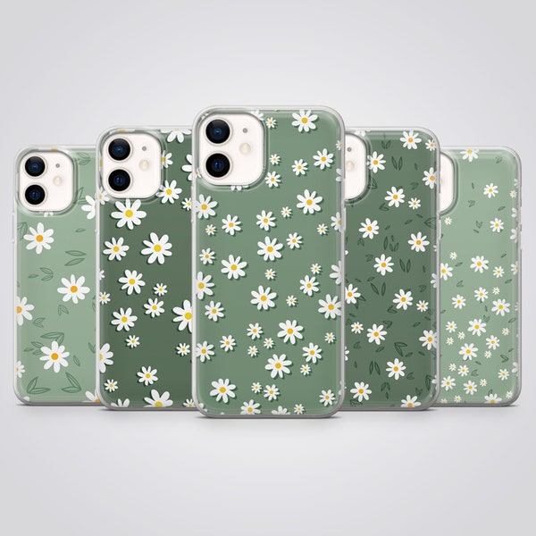 Sage Green Phone Case Daisy Petals Cover fit for iPhone 15 Pro Max, 14 Plus, 13, 12, 11, XR, XS & Samsung S24, S23, A55, A54, Pixel 8, 7A, 6