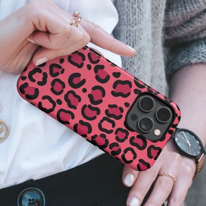 Leopard Phone Case Pink Animal Print TOUGH Cover fit for iPhone 17 Pro Max, 16e, 15 Plus, 14, 13, 12, XS & Samsung S25, S24, Pixel 10, 9, 8A