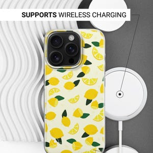 May include: A clear phone case with a lemon print design. The case is compatible with wireless charging. The text "SUPPORTS WIRELESS CHARGING" is printed on the top of the image. The text "SIDES ARE NOT PRINTED" is printed on the bottom of the image.