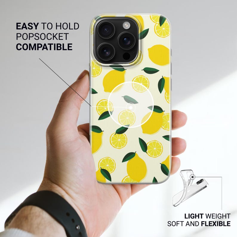 May include: A clear phone case with a lemon print design. The case is compatible with popsockets and has a light weight and flexible design.