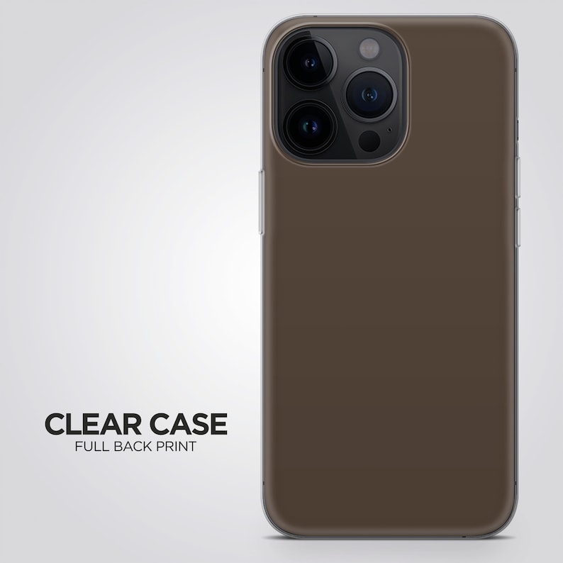 May include: A clear phone case with a full back print in a dark brown color. The case is designed for a phone with a triple camera system.