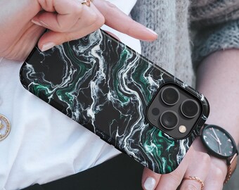 Faux Epoxy Phone Case Elegant Pearl Marble Black TOUGH Cover fit for iPhone, Samsung & Pixel