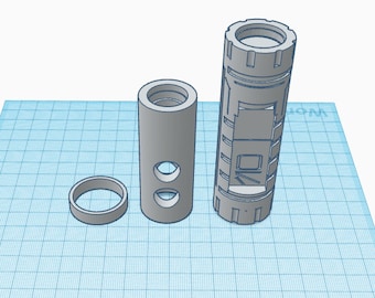 May include: Three gray plastic parts for a flashlight. The parts include a cylindrical body with a textured surface, a cylindrical cap with two holes, and a ring.