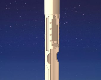 May include: A beige wooden dowel with a series of cutouts and holes running down the length of the dowel.