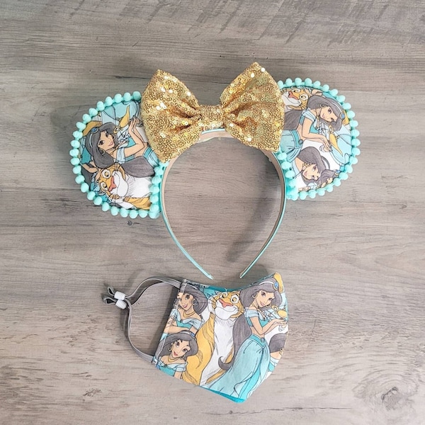 Ready to ship**Jasmine Minnie Ears & Mask Combo, Aladdin inspired Minnie Ears, Disney Princess Jasmine Minnie Ears