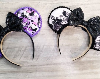 Pronto para enviar ** combinação de orelhas e máscara de Minnie dos vilões da Disney, orelhas de vilões roxas, orelhas de vilões pretas e rosa, Malificent, Evil Queen, Cruella