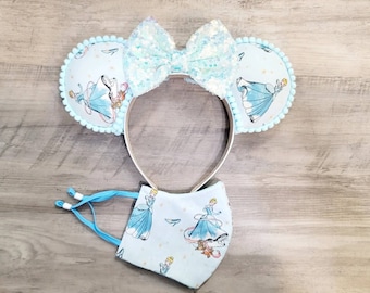 Pronto para enviar **Combo de máscara de Cinderela Castelo e Cinderela Floral Minnie Ears, Orelhas de Minnie inspiradas em Cinderela, Orelhas de Minnie de Princesa da Disney