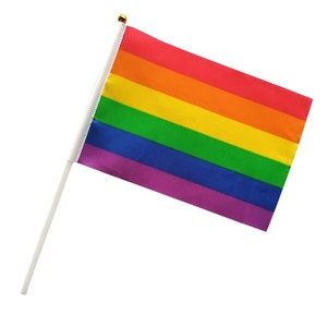 Könnte beinhalten: Eine Regenbogen-Pride-Flagge an einem weißen Stock. Die Flagge hat sechs horizontale Streifen in den Farben Rot, Orange, Gelb, Grün, Blau und Lila.