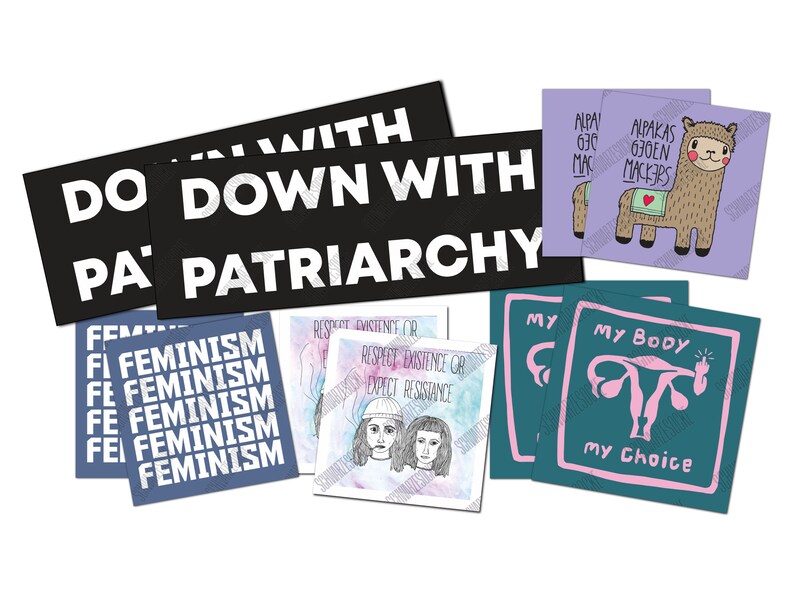 May include: A set of feminist themed stickers featuring slogans such as "Down with Patriarchy" and "Feminism" in white text on a black and blue background. Other stickers feature illustrations of a llama, a uterus, and two women with the text "Respect Existence or Expect Resistance".