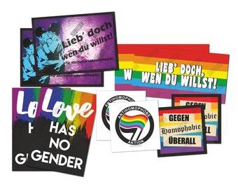 Puede incluir: Un conjunto de pegatinas de colores arcoíris con varios mensajes que promueven el amor y la aceptación. Las pegatinas presentan frases como "Lieb' doch wen du willst!" y "Lo Love Has No Gender".