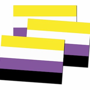 Könnte beinhalten: Drei nicht-binäre Pride-Flaggen in Gelb, Weiß, Lila und Schwarz.