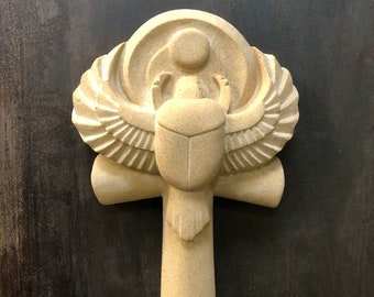 Ancient Egyptian Scarab Ankh Sandstone Wall Sculpture