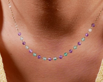 Gold-plated necklace in amethyst and aventurine pearls for women