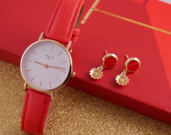 Montre en cuir rouge pour femme avec bracelet interchangeable sublime et agréable