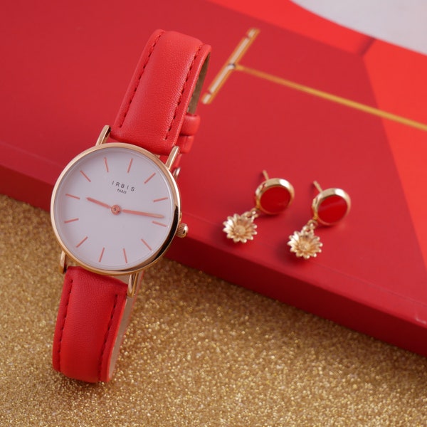 Montre en cuir rouge pour femme avec bracelet interchangeable sublime et agréable