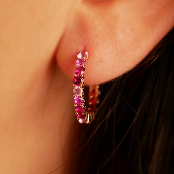 Gold plated hoop earrings in pink zirconium oxide for women
