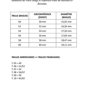 May include: A chart showing ring sizes in millimeters, with corresponding US and French sizes. The chart includes the circumference of the finger in millimeters and the diameter of the ring in millimeters.