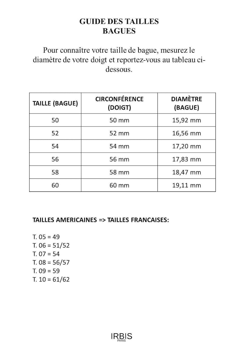 May include: A chart showing ring sizes in millimeters, with corresponding US and French sizes. The chart includes the circumference of the finger in millimeters and the diameter of the ring in millimeters.