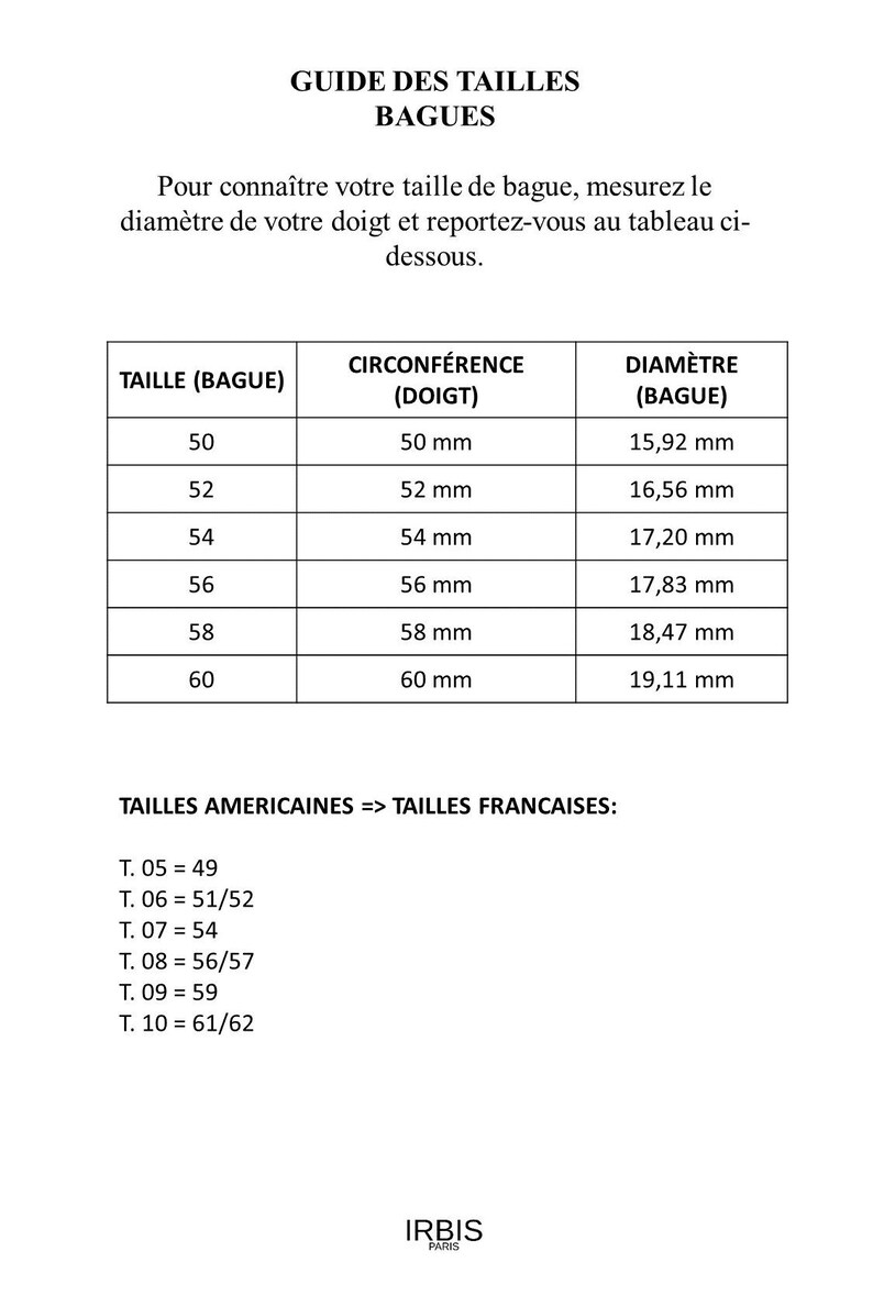 May include: A chart showing ring sizes in millimeters, with corresponding US and French sizes. The chart includes the circumference of the finger in millimeters and the diameter of the ring in millimeters.
