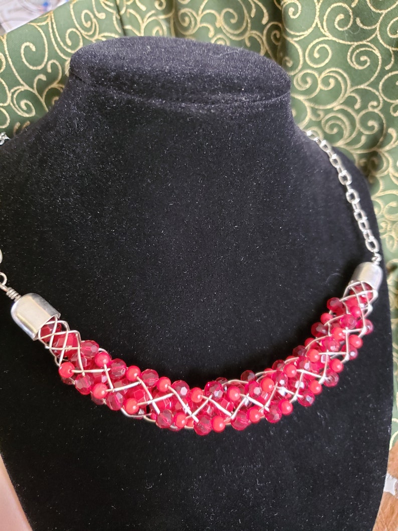 Absolutely Red Wire and Bead Silver Kumihimo Semicirclular Pendant Necklace