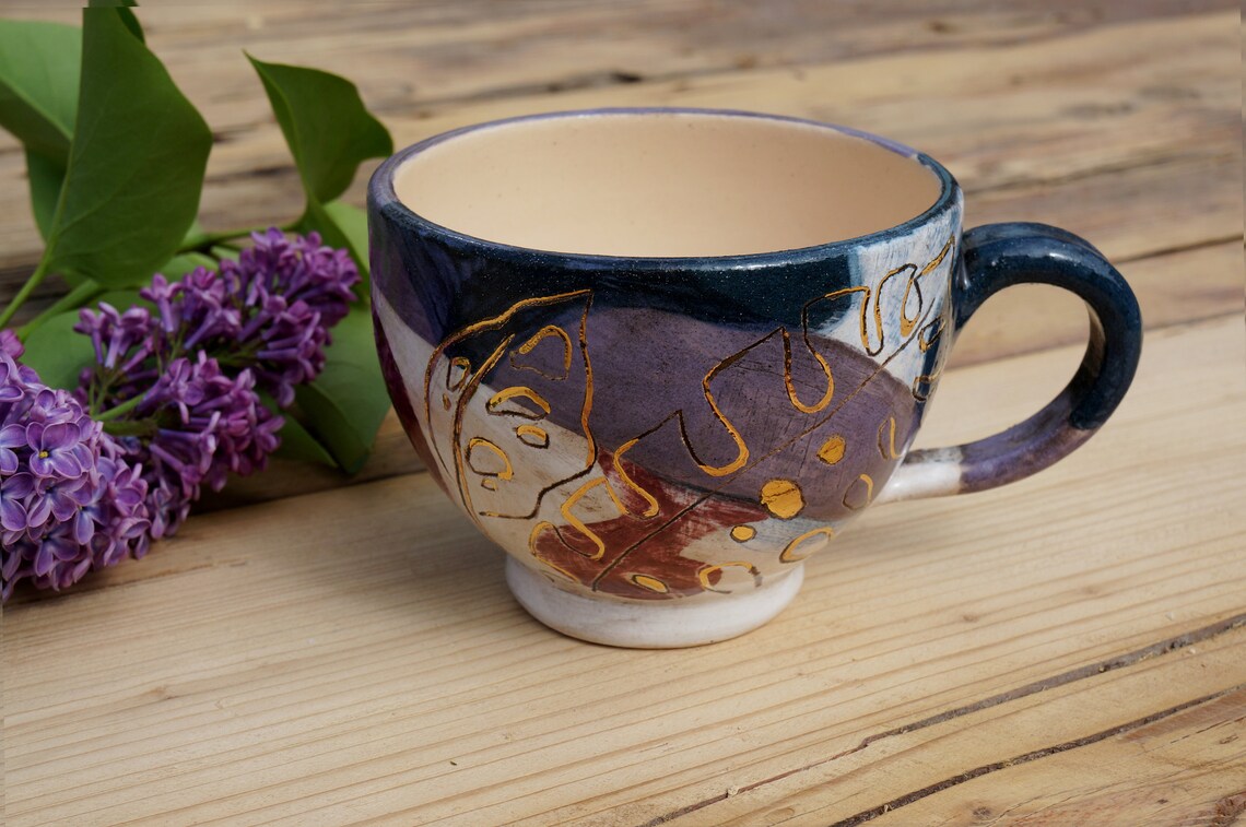 Handmade pottery stylish tea cup unique underglaze decoration Etsy