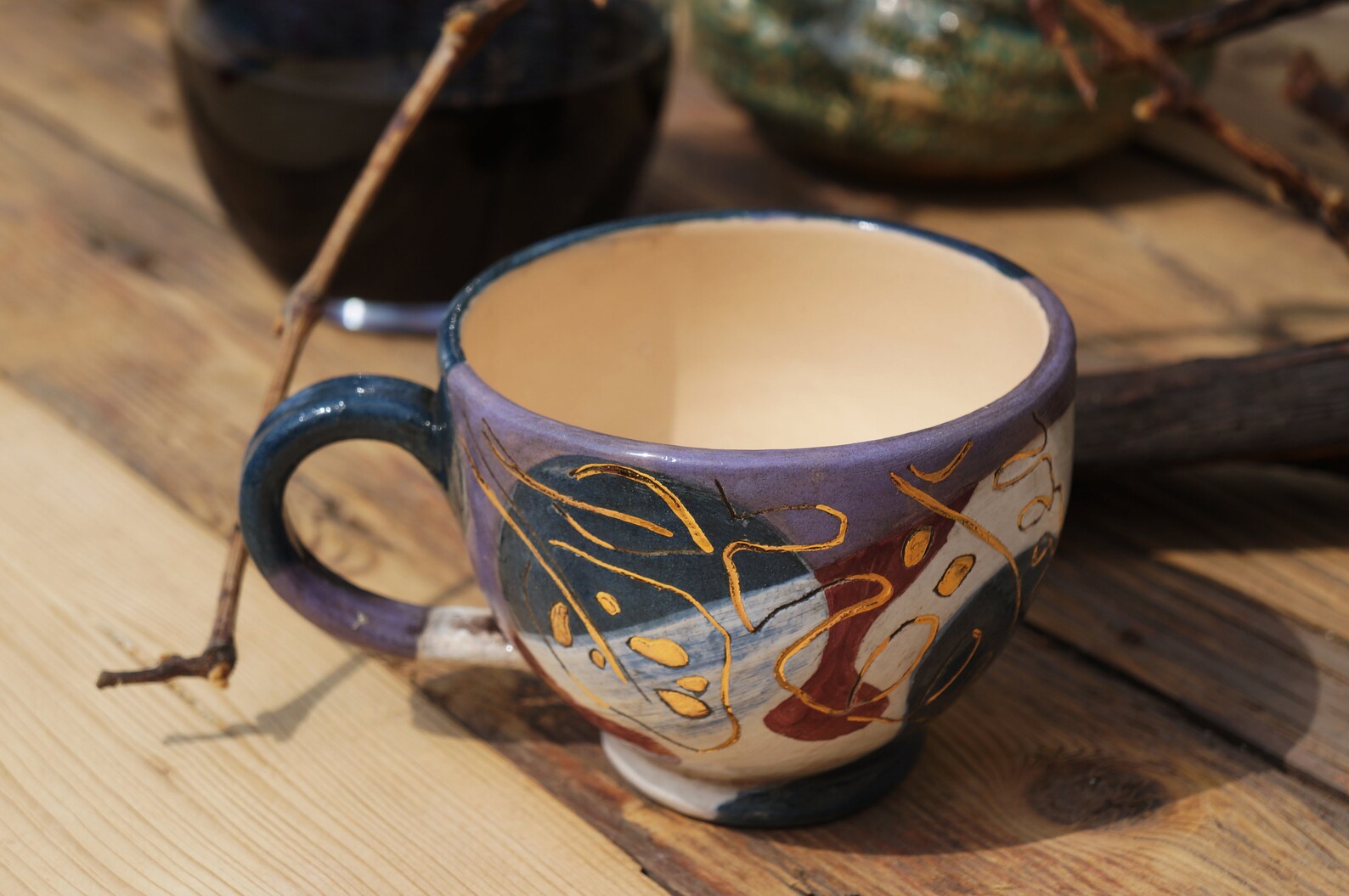 Handmade pottery stylish tea cup unique underglaze decoration Etsy