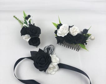 White and black corsage boutonniere and hair comb set for Gothic wedding, Halloween party, prom
