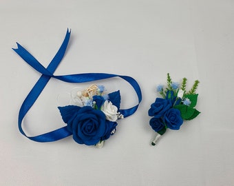 Navy blue rose boutonniere and corsage set for wedding, prom