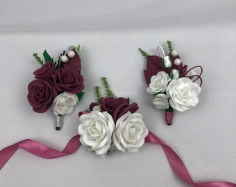 Burgundy white Wrist corsage Boutonniere for men Wedding boutonniere White prom corsage boutonniere set Burgundy rose Bridal corsage