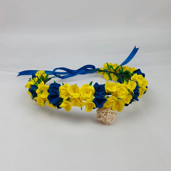 Ukraine flower crown Yellow blue flower crown Ukrainian headpiece headband Navy blue bridal wreath Flower girl crown Flower crown wedding