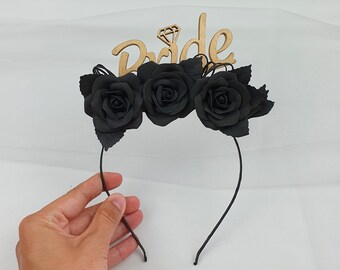 Halloween party veil Black bridal crown Gothic bachelorette party Black bride to be headband Gothic bridal shower Hen party veil
