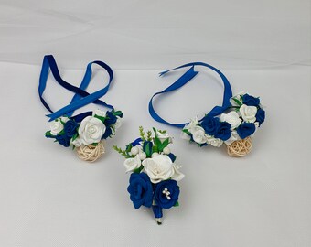 Navy blue wrist corsage Flower wrist corsage Navy white bracelet Wedding wrist corsage Boutonniere for men Prom corsage